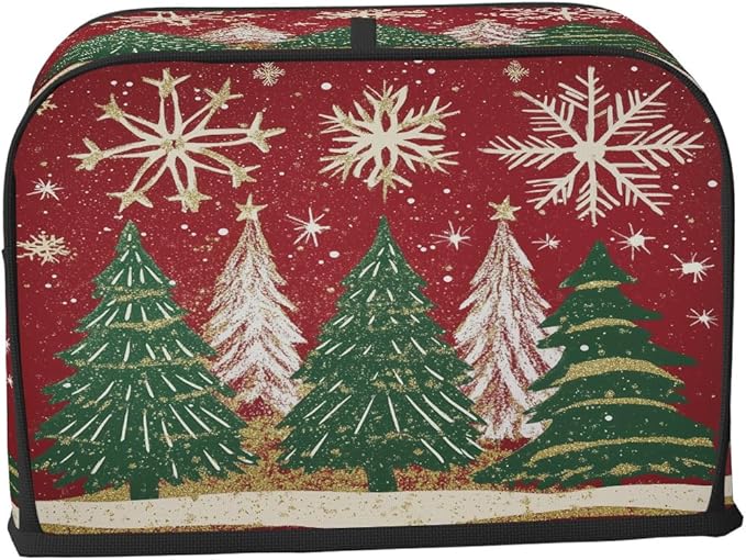 4 Slice Toaster Cover,Christmas Tree Snowflakes on Red Small Kitchen Appliance Bread Machine Cover with Pockets,Dust & Fingerprint Protection