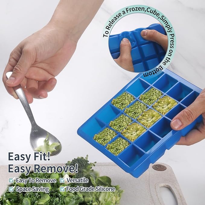 1 Tbsp Silicone Freezer Molds - Perfect for Storing Garlic, Herbs, Ginger, Pesto, Tomato Paste, Lemon Juice,Vegetable Purees,Purees and More - Silicone Food Freezer Tray(Blue 2 Pack)
