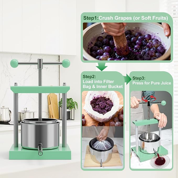 EJWOX 1.6 Gallon Manual Press - Professional Stainless Steel Fruit & Vegetable Juicer with Filter Bag - Large 6L Capacity Honey Extractor & Cheese Squeezer - Heavy Duty Hand Press for Plant Infusions