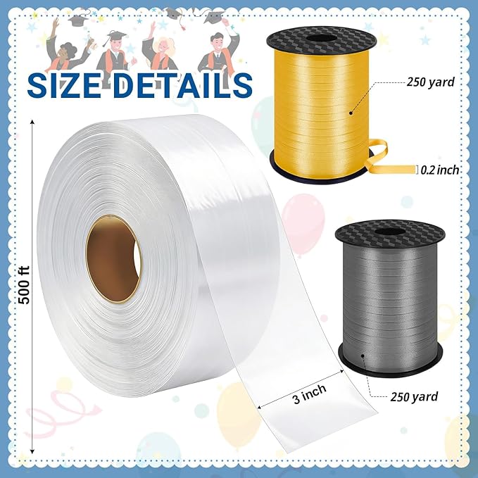 Candy Lei Poly Tubing, 3 Inch x 500 ft Clear Graduation Candy Lei Making Kit with 2 Rolls 250 yd Ribbon, Clear Shipping Poly Tubing for DIY Graduation Wreaths Packing Snacks