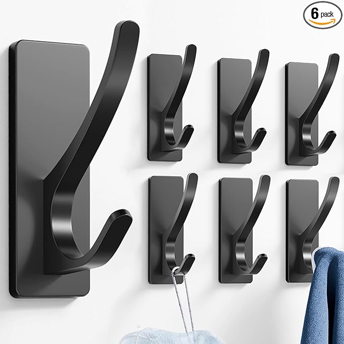 pickpiff Matt Black Self Adhesive Coat Hooks for Hanging: 13LB Extra Strong Stainless Wall Hook for Towel, Utensil, Backpack, Hat, Sturdy Metal Hanger for Bathroom, Kitchen, Door, 6-Pack