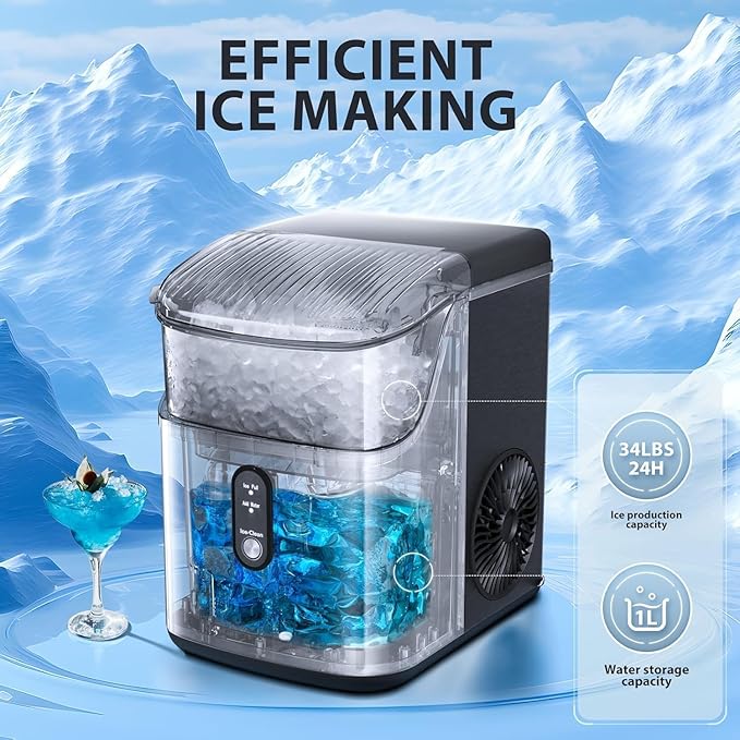 Antarctic Star Nugget Ice Maker Countertop,Ready in 6 Mins, 36Lbs Every 24H, Self-Cleaning, One Button Operation,for Home/Kitchen/Camping/RV. (Black)