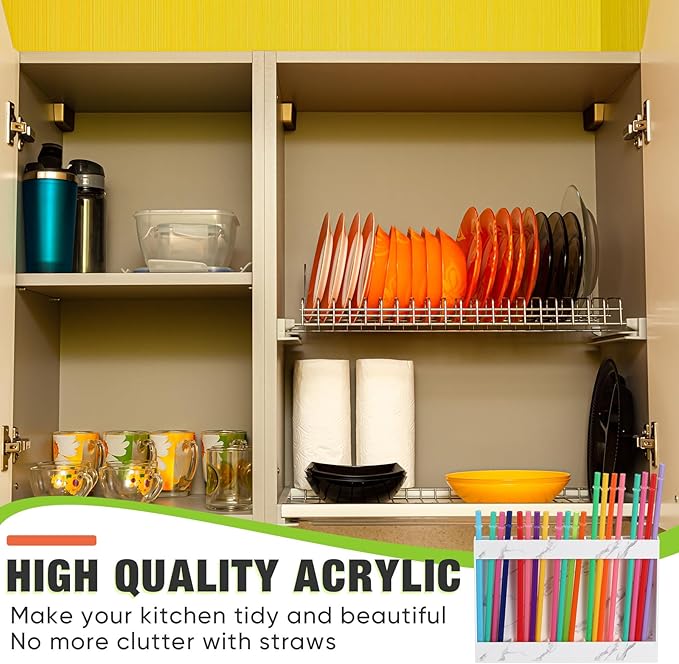 Qinyoung Acrylic Straw Holder for Cabinet Door with Double Sided Adhesive Tape Reusable Straw Organizer Tumbler Storage Kitchen Accessories Container for Counter Cupboard(Marble Texture,Large,White)