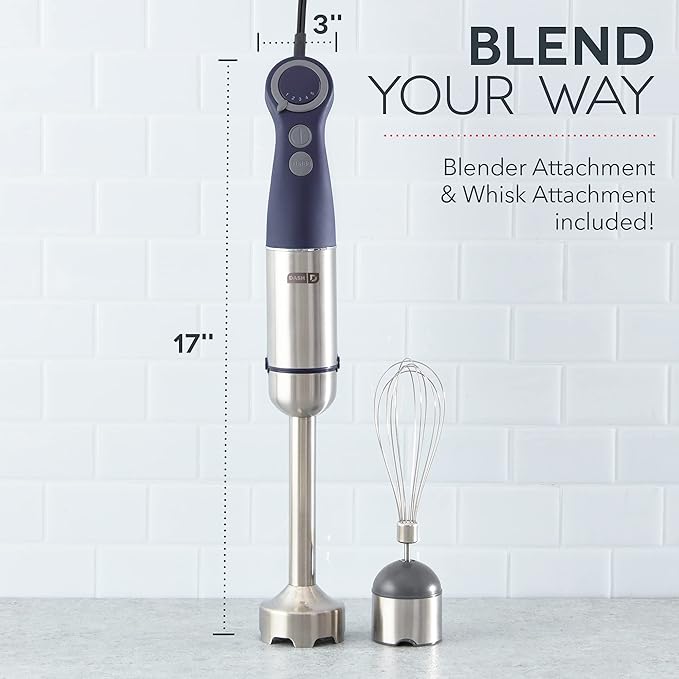 Dash Chef Series Immersion Hand Blender, 5 Speed Stick Blender with Stainless Steel Blades, Whisk Attachment and Recipe Guide – Midnight