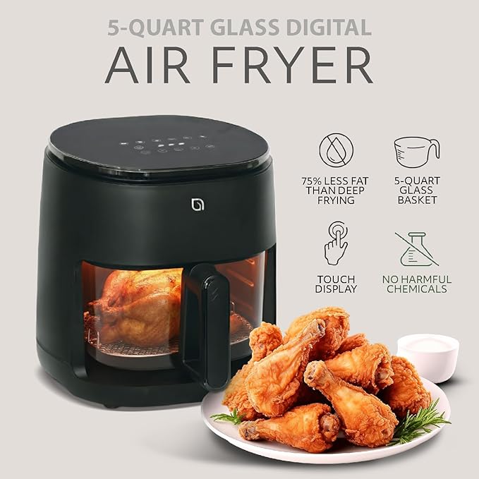 WILLOW Eco Series 6 in 1 Air Fryer with Glass Basket, 5 Quart Non Toxic Glass Air Fryer w Digital Display, 430°F Max Temp, Preheat & Keep Warm Function, Compact + Dishwasher Safe Airfryer -BLACK