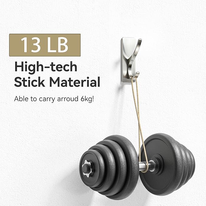 pickpiff Brushed Nickel Self Adhesive Coat Hooks for Hanging: 13LB Extra Strong Stainless Wall Hook for Towel, Utensil, Backpack, Hat, Sturdy Metal Hanger for Bathroom, Kitchen, Door, 4 Pack
