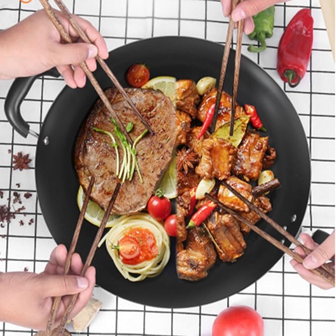 Wok Pan with Lid Nonstick Wok 32cm, Carbon Steel Woks Stir-Fry Pans, No Chemical Coated Flat Bottom Chinese Wok, for Electric, Induction and Gas Stoves