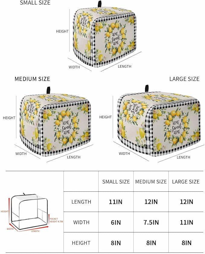 Summer Lemon Toaster Cover 2 Slice, Farmhouse Black Check Dustproof Bakeware Oven Protector with Top Hook, Plaid Vintage Waterproof Small Kitchen Appliance Toasters Dust Cover, 11"x6"x8"