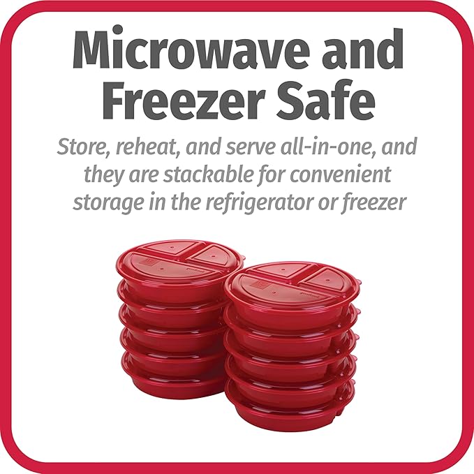 GoodCook Meal Prep Containers Set Microwave & Dishwasher-Safe Round Food Organizers with Labeled Compartments BPA-Free Food Storage Set with Snap Shut Lids Portion Control, 10-Pieces, Red