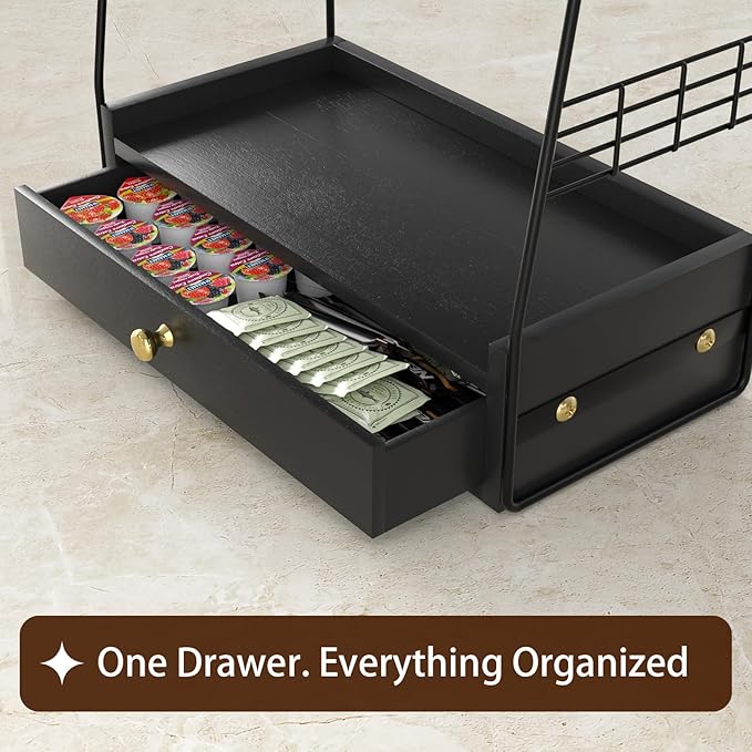 Coffee Bar Station Organizer with Built-In Drawer, 2-Tier Countertop Shelf for Tea Bags, Coffee Accessories, Syrup Bottles (Black)