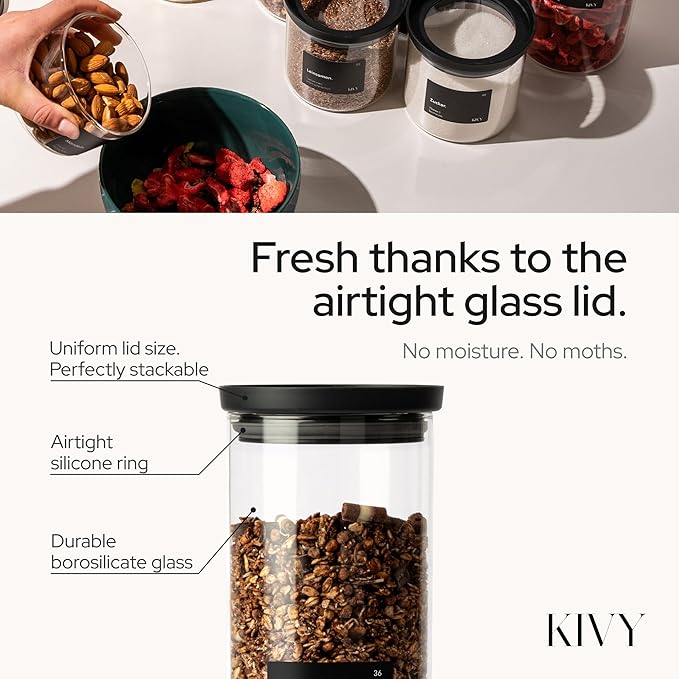 KIVY Large Glass Jar with transparent Glass Lid [100oz] Sealed glass canisters with airtight lid - Black canister - Laundry pod jar - Rice Storage jar - Flour and sugar containers - Flour Canister