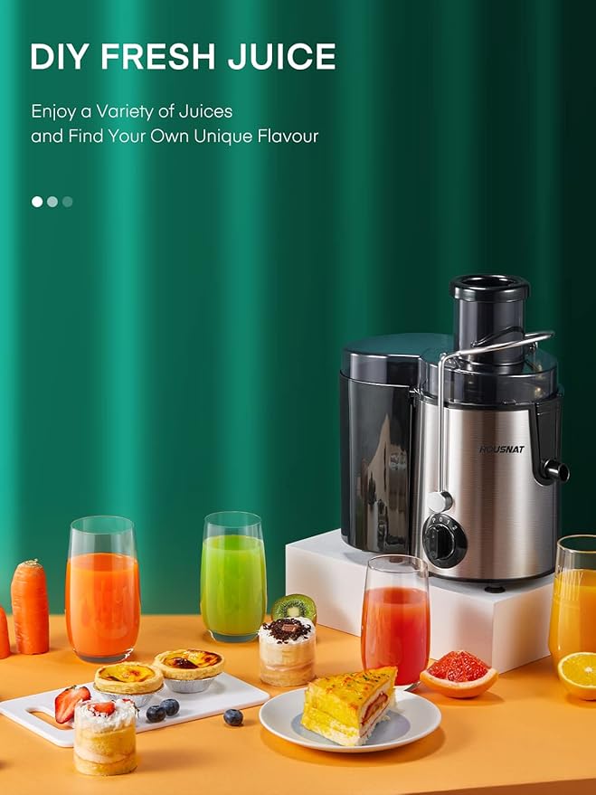Juicer Machines, HOUSNAT Juicer Whole Fruit and Vegetables with 3-Speed Setting, 400 W Motor Quick Juicing Ideal for Beginners & Light Daily Use, Cleaning Brush and Juicing Recipe Included