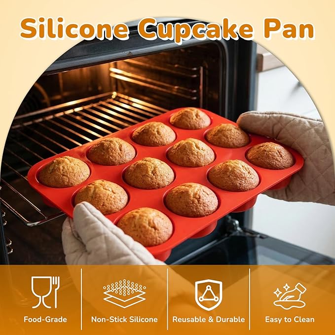 2 Pack Silicone Cupcake Pan for Baking, Nonstick Silicone Muffin Pans, 12 Cups Regular Size Cupcake Pan, Durable and Flexible, Quick-Release, Easy to Clean, Ideal for Home Baking and Party, Red