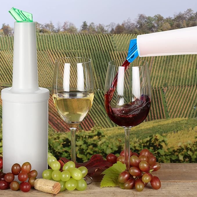 Chengu Fruit Juice Pour Bottles 34 oz Plastic Liquor Bar Supplies with Stainless Steel Bottle Pourer Tapered Spout for Cocktail Bartending Liquor Juice Store(White, Blue,Green,3 Pack)