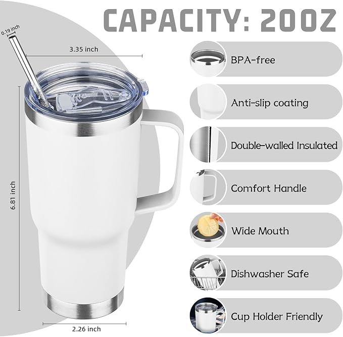 20 oz Tumbler with Handle Stainless Steel Insulated Coffee Mug Tumbler with Lid and Straw Double Wall Vacuum Insulated Coffee Mug Leak Proof Travel Mug Tumbler for Hot and Cold Drink (White,1pack)
