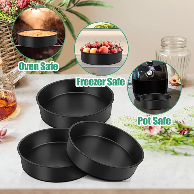 TeamFar 8 Inch Round Cake Pans, Round Baking Layer Cake Pan Set of 3, with Non-Stick Coating Stainless Steel Core for Birthday, Party, Wedding, Healthy & Heatproof, Release Easily & Easy Clean