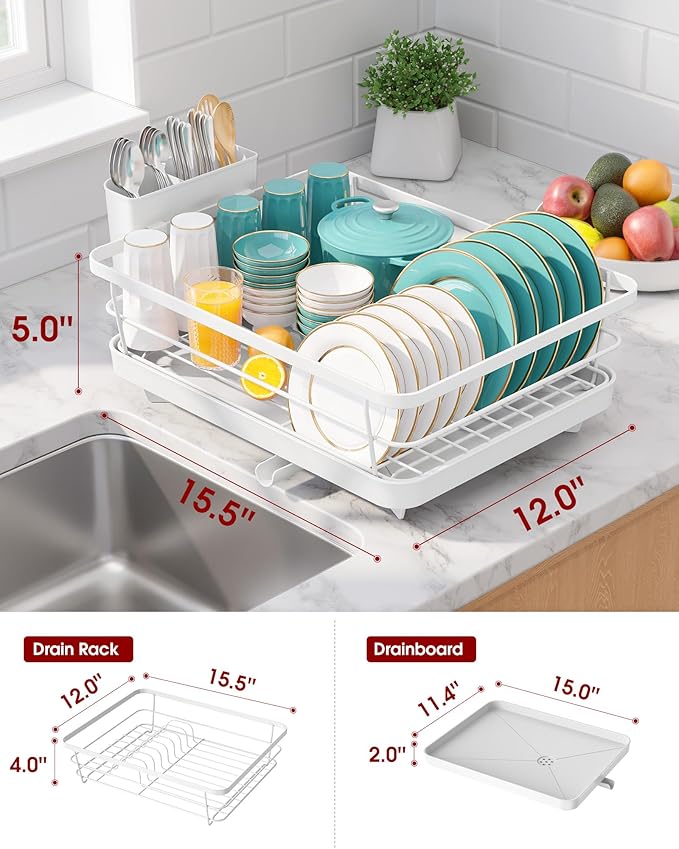 Sakugi Stainless Steel Dish Drying Rack for Kitchen Counter, Sink Organization and Storage Essentials with Silverware & Utensil Holder, Home and Apartment Decor, 12''W x 15.5''L, White
