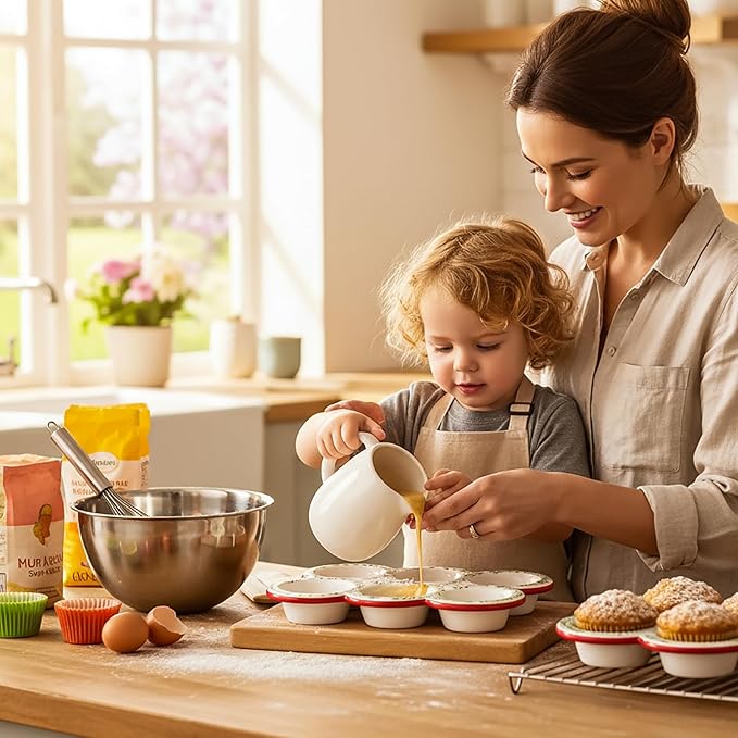 Hiceeden 2 Pack Ceramic Muffin Pans, 6 Cup Non-Stick Muffin Tin Cupcake Pan, Floral Baking Pans with Red Rim for Puddings, Muffins, Cakes, Quiches, Brownies