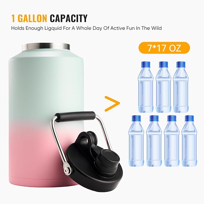Kerilyn Insulated Gallon Jug with Handle, One Gallon, 128oz Stainless Steel, Large Double Vacuum Water Bottle for Hot & Cold Drinks, Wide Mouth, Sweat Proof, Great for Travel, Camping, Tricolor