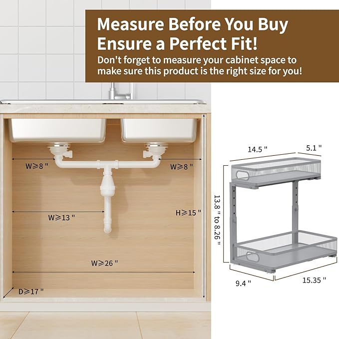 Under Sink Organizer 2 Pack, 2-Tier Slide Out Cabinet Organizer with Metal Sliding Drawer and Hooks, Pull Out Storage Baskets for Kitchen Bathroom Pantry Cabinet Organization (grey)