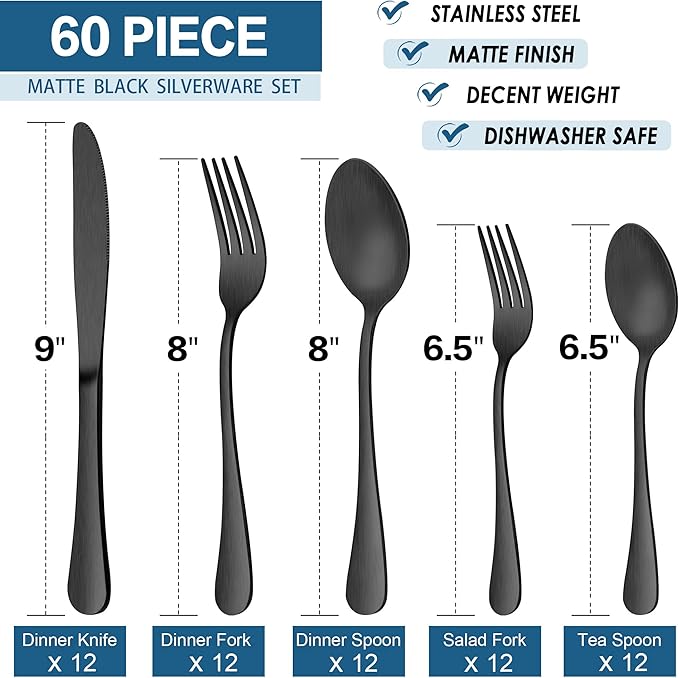 LIANYU 60 Piece Matte Black Silverware Flatware Set, Stainless Steel Satin Finish Black Flatware Cutlery Set for 12, Fancy Kitchen Utensil Tableware for Home Restaurant Party, Dishwasher Safe