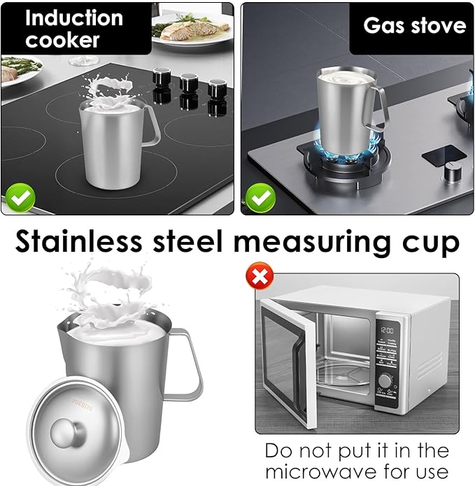 2 L Stainless Steel Pitcher with Lid, 70 OZ Large Metal Measuring Cup with Marking & Handle, Large Mouth Graduated Beakers, Milk Frothing Jug Metal Pitcher for Coffee Latte Art, Hot/Cold Water