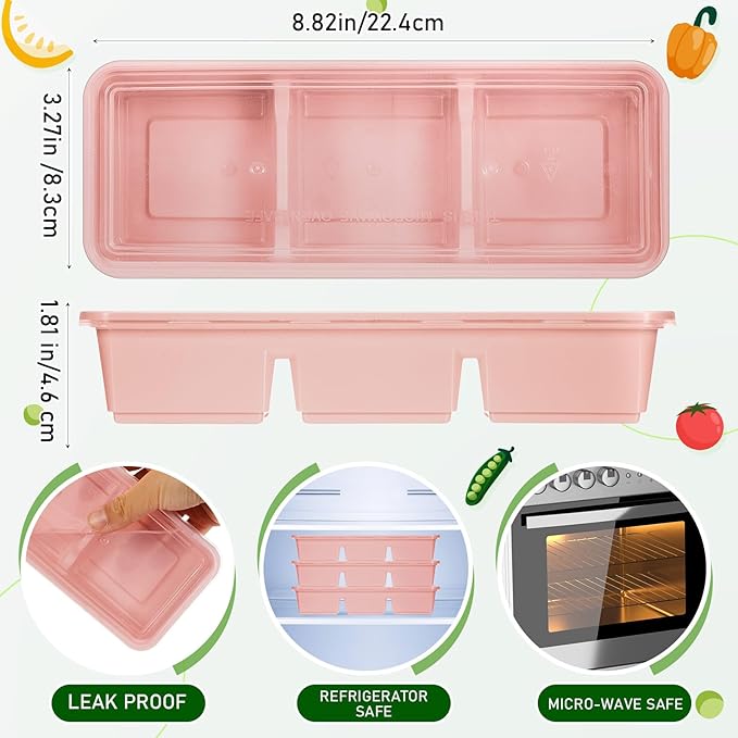 Hushee 10 Pack 17 oz Small Meal Prep Containers with 3 Compartments Snack Containers with Lid Disposable Plastic Bento Box Travel Lunch Food Boxes Stackable for Office Picnic (Pink)