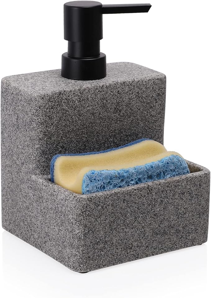zccz Soap Dispenser with Sponge Holder, Liquid Hand and Dish Soap Dispenser Pump Bottle and Sponge Holder 2 in 1 for Kitchen Sink Bathroom Counter Storage and Organization Black Marble Look