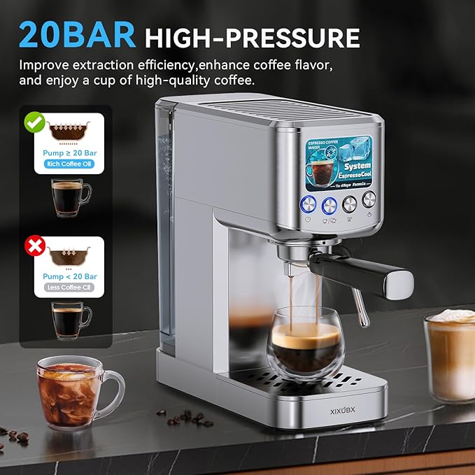 XIXUBX Espresso Machine 20 Bar with Milk Frother, Stainless Steel Coffee Maker with 42 oz Removable Water Tank for Cappuccino, Latte&Cold Brew, Home&Office, Silver