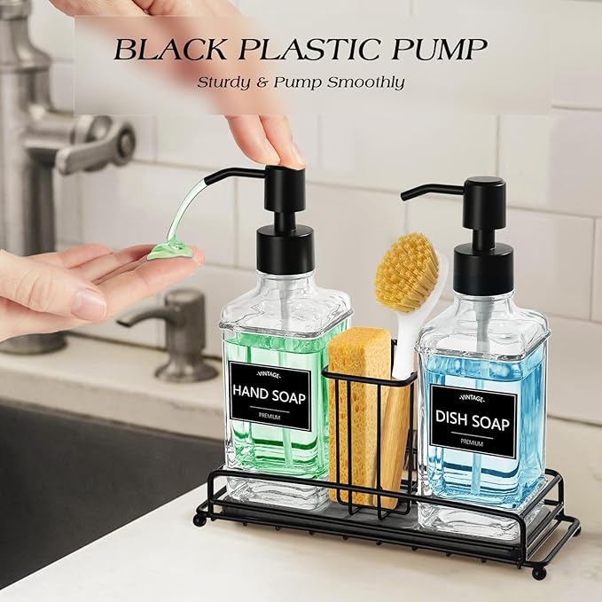 VIMERPA Kitchen Soap Dispenser Set,Kitchen Soap Dispenser with Sponge Holder,Hand and Dish Dispenser Set,Instant Dry Tray, Clear