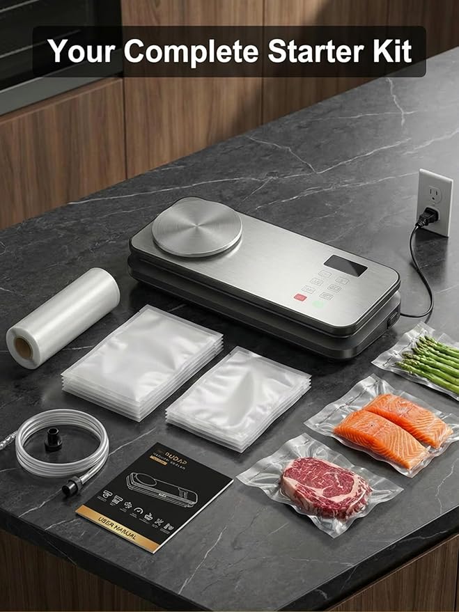 Vacuum Sealer for Food, 90kPA Powerful Food Saver Vacuum Sealer Machine with Digital Kitchen Scale, 12-in-1 Food Vacuum Sealer with Dry & Moist Food Modes, 10 pcs & 1 Roll Vacuum Bags, Starter Kits