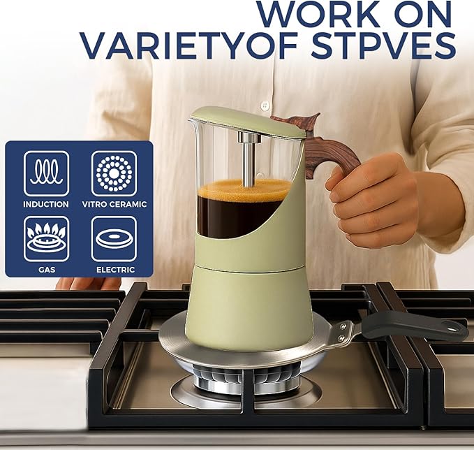 Glass Moka Pot for Stovetop & Induction - Italian Espresso Maker with Wood Handle & Leak-Proof Design - Comes with Induction Heat Diffuser Plate (6 Cup, Pale orange 240ml)