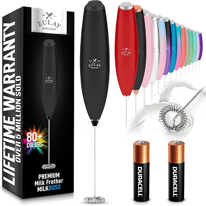 Zulay Kitchen Milk Frother Handheld Electric Whisk with AA Duracell Batteries – Durable Drink Mixer for Coffee, Lattes, Cappuccinos & More - Carbon Black