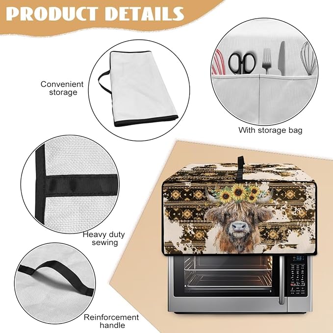 Convection Toaster Oven Cover with Pockets, Easy to Clean, Smart Microwave Baking Oven Dust Cover for Countertop, M, Aztec Highland Cow Sunflower Tribal Pattern