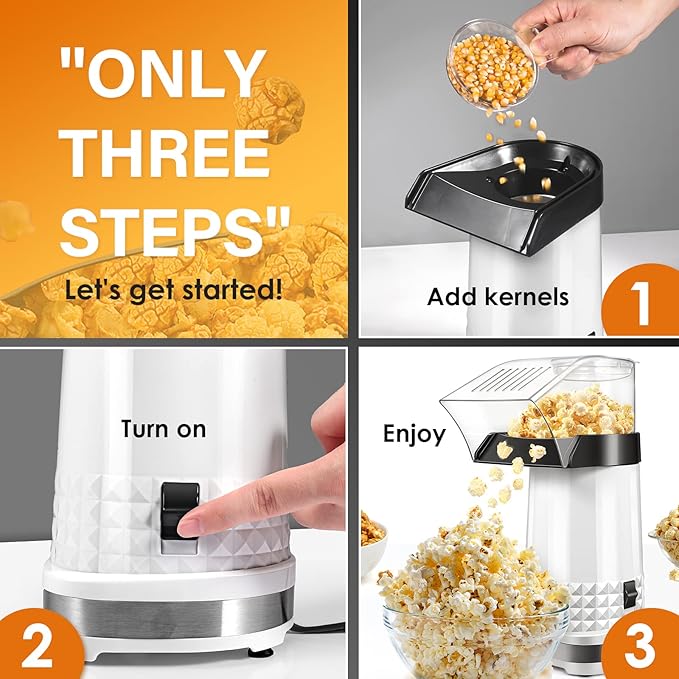 Quick & Easy 4.5Qt Oil-Free Hot Air Popcorn Machine - ETL Certified with Butter Melter, Measuring Cup & On/Off Switch for Movie Nights & Parties(White)
