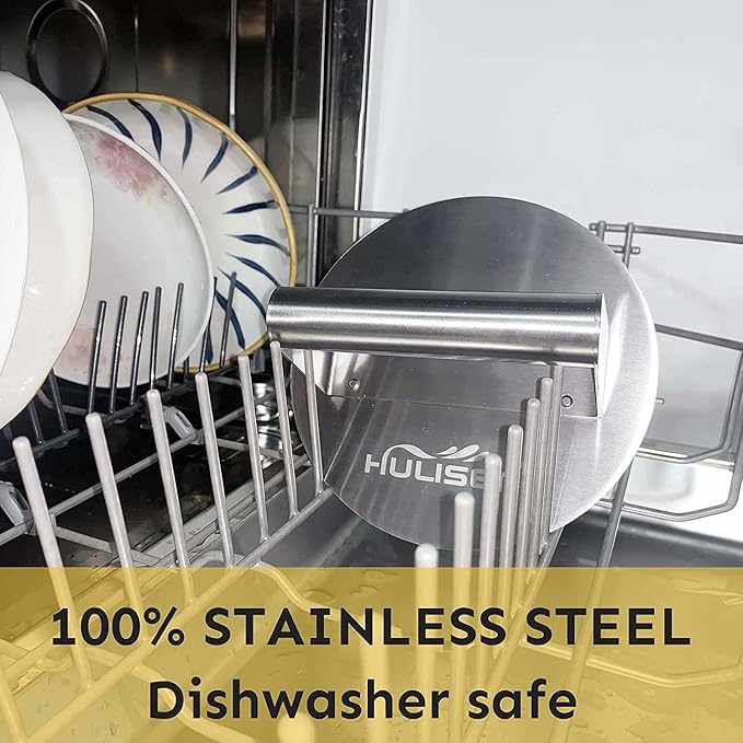 HULISEN Stainless Steel Burger Press, 6.2 inch Round Burger Smasher, Professional Griddle Accessories Kit, Grill Press Perfect for Flat Top Griddle Grill Cooking