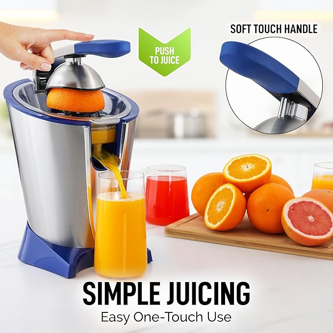 Zulay Electric Citrus Juicer - Makes Fresh Orange, Lemon, Grapefruit, Lime Juice - Stainless Steel, 160W Powerful & Quiet, Interchangeable Cones -Filters Out Seeds & Pulp- Dishwasher Safe Parts - Blue