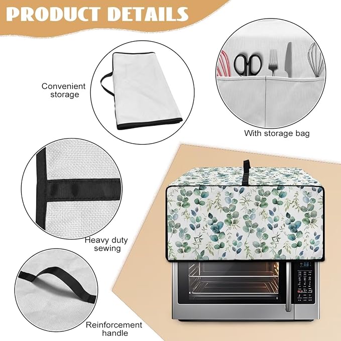 Countertop Convection Oven Cover Decorative and Protective Air Fryer Toaster Oven Dust Cover for Home Kitchen Indoor Decor, M, Eucalyptus Leaf Green White