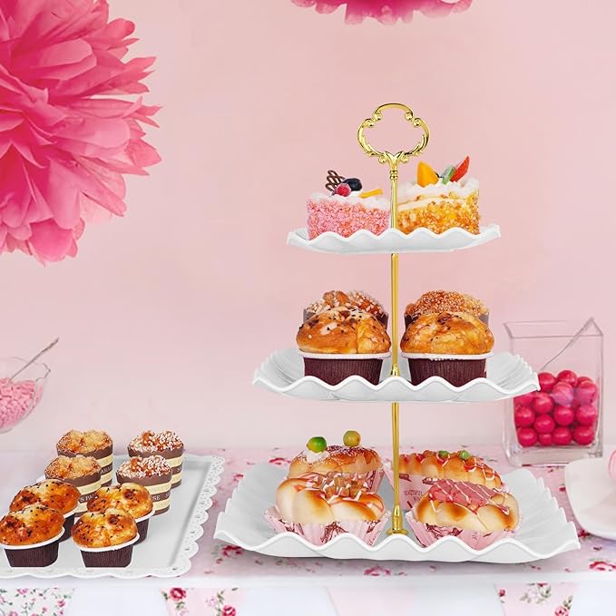 5 Pcs Dessert Table Display Set - 2 Pcs 3-Tier Dessert Display Stands & 3 Pcs Serving Tray - Dessert Trays Dessert Stands Treat Table Displays Set for Tea Parties,Birthdays & Baby Showers