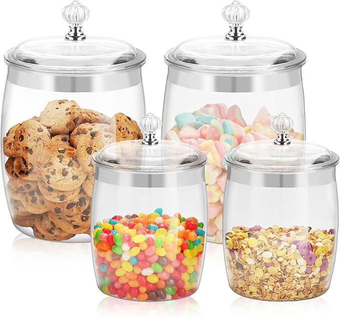 4 Pcs Plastic Cookie Jars with Lid, 128/128/74/74OZ Clear Candy Airtight Sealed Kitchen Pantry Food Large Storage Apothecary Containers & Canisters for Coffee Cereal Pasta Flour Rice Snack