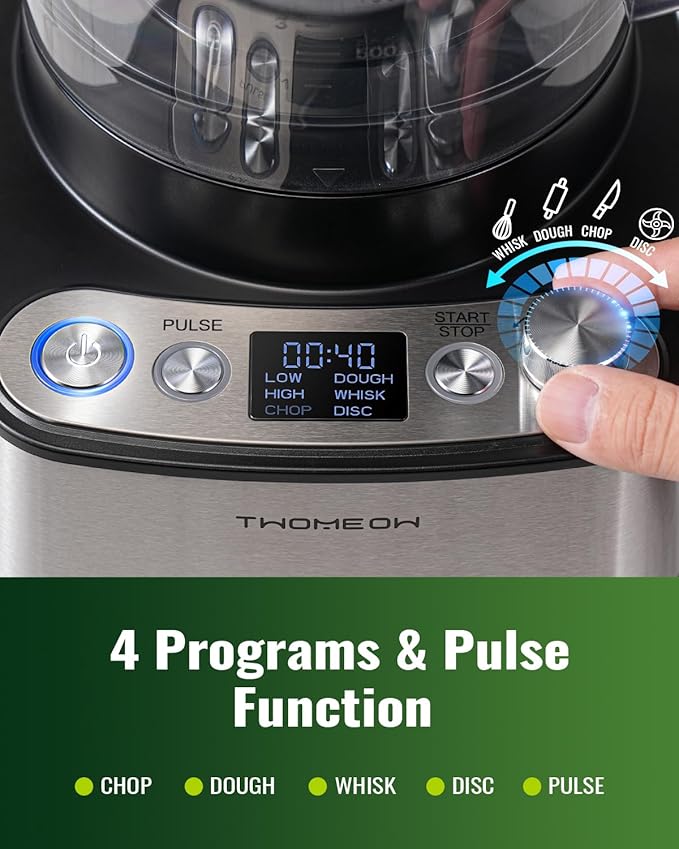 Food Processor, 4 Programs & Pulse,1000W Max Power,12 Cups Total Volume for Slicing, Mincing, Dicing, Shredding, Puree, Dough and Vegetable Chopper Clean Bowl Scraper, Stainless Steel