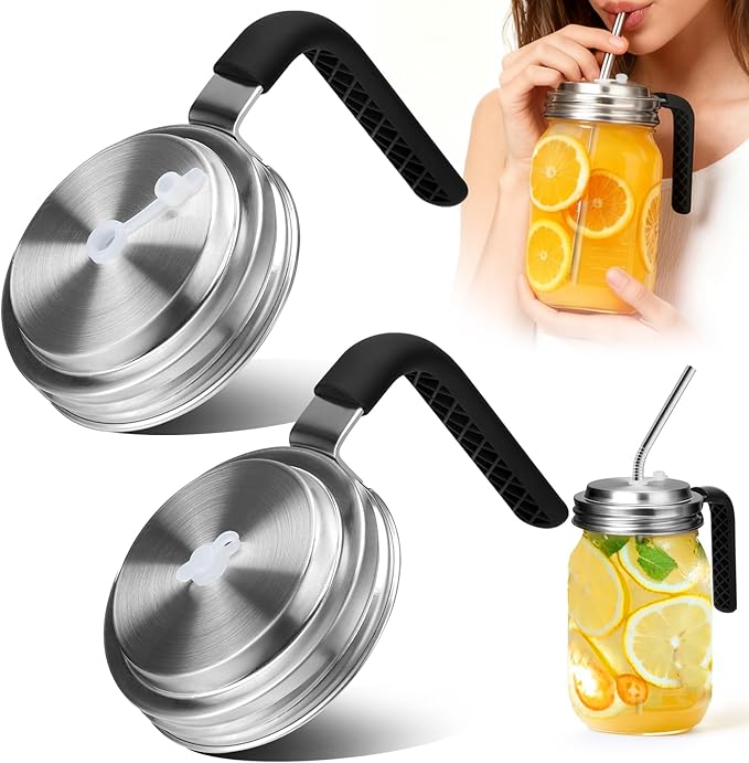 Palksky Mason Jar Lids with Straw Hole Wide Mouth, Stainless Steel Drinking Lid with Handle & Silicone Rings, Spill-Resistant Mason Jar Straw Lid for Iced Coffee, Juice, Lemonade (2 Packs)