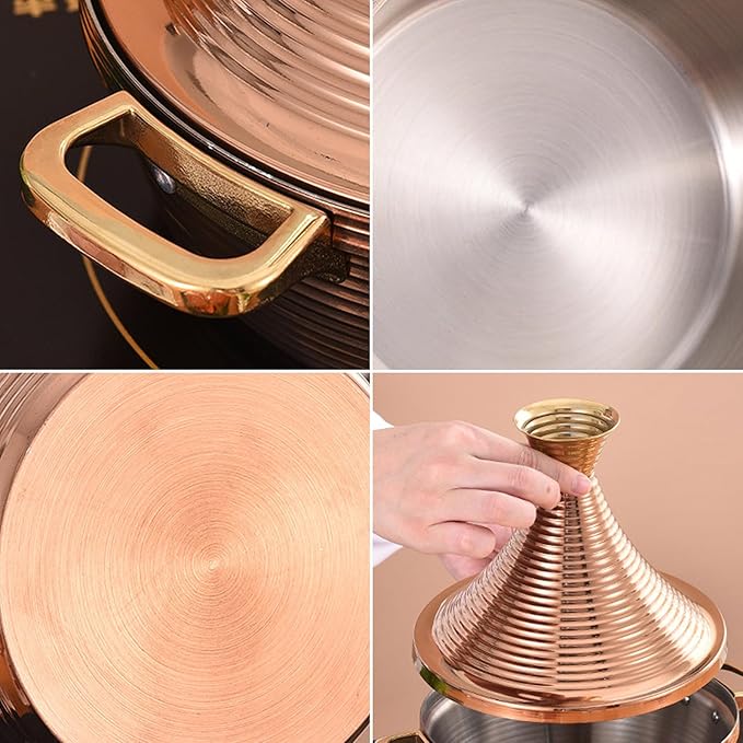 Moroccan Tagine Cooking Pot,Stainless Steel Non Stick Moroccan Casserole with 2 Handles,Large Moroccan Cooker Handmade Tagine Pot with Cone-Shaped Lid(22cm, Silver)