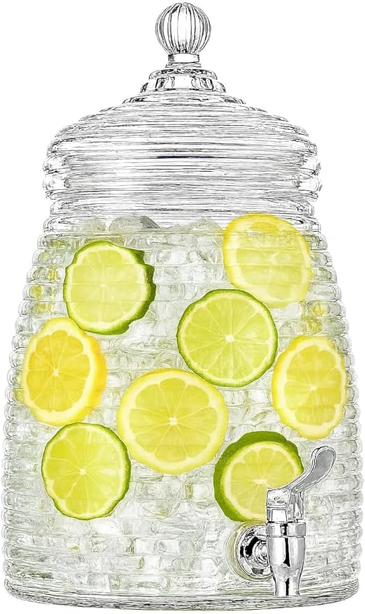 1.3 Gallon Glass Beehive Beverage Dispenser with Spigot- Drink Dispenser for Parties, Weddings and Showers- Mason Jar Style Glass Drink Container with Lid for Tea, Lemonade, and Infused Water