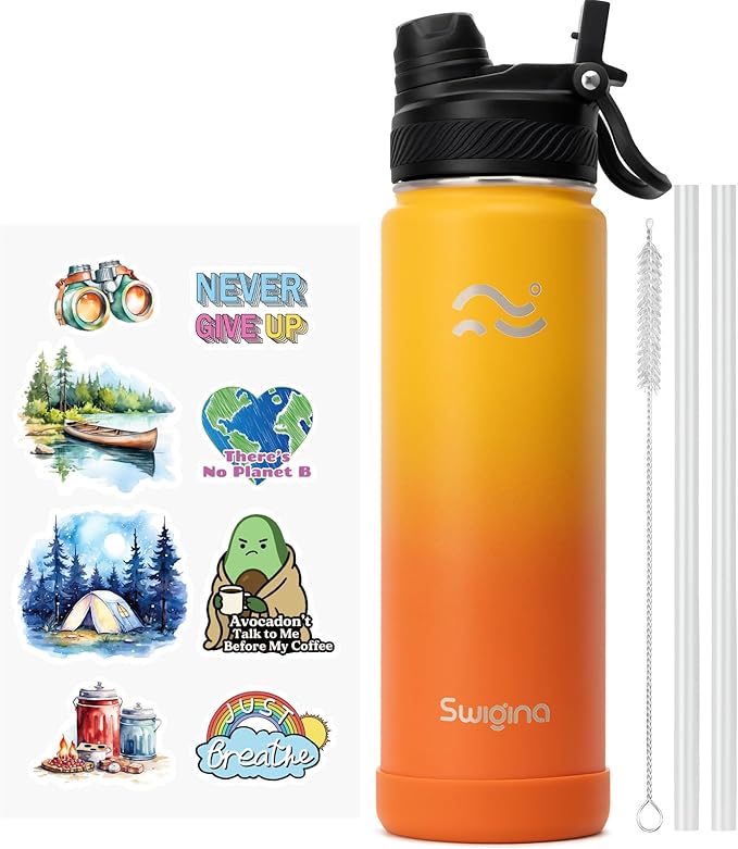 Swigina [2-IN-1 LID] Insulated Water Bottle with Silicone Boot (36hrs Cold/18hrs Hot) - DIY Stickers, Leakproof, BPA Free, 24 oz
