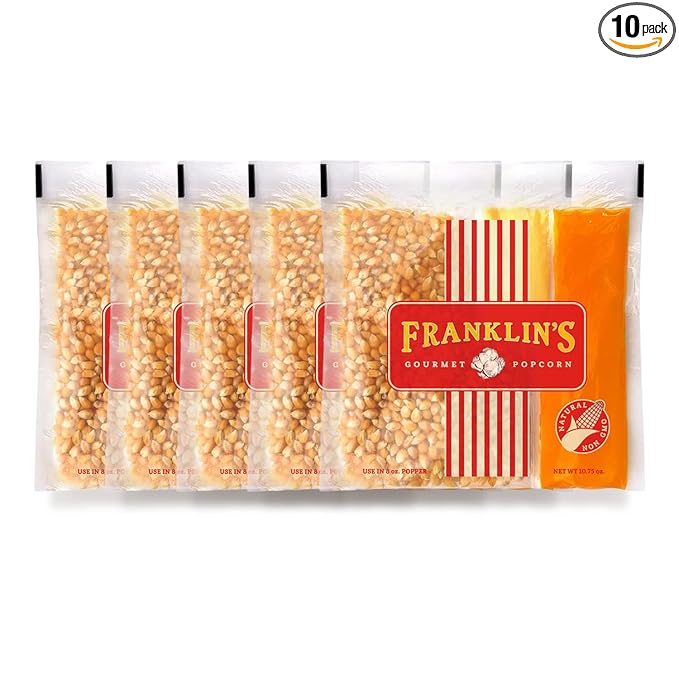 Franklin’s Gourmet Popcorn All-In-One Popcorn Packs for Popcorn Machine - 8oz Pack of 10 - Made in USA - Packs of Corn Kernels with Buttery Salt & Oil