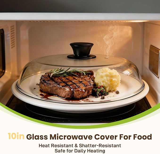 10in Glass Microwave Splatter Cover Microwave Safe Glass Lid Cover with Ceramic Screw, Heat Resistant Tempered Glass Splatter Guard, Vented Universal Microwave Plate Cover, Dishwasher Safe
