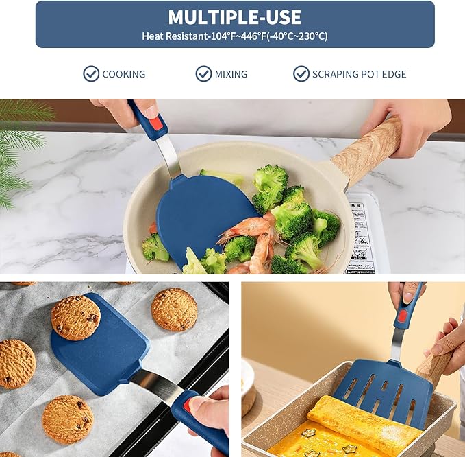 Silicone Spatula Turner Set of 3, Heat Resistant Large Wide Spatula for Pancake, Silicone Fish Spatulas Flipper for Cooking & Non-stick Cookware, BPA Free Rubber Cooking Untensil Set