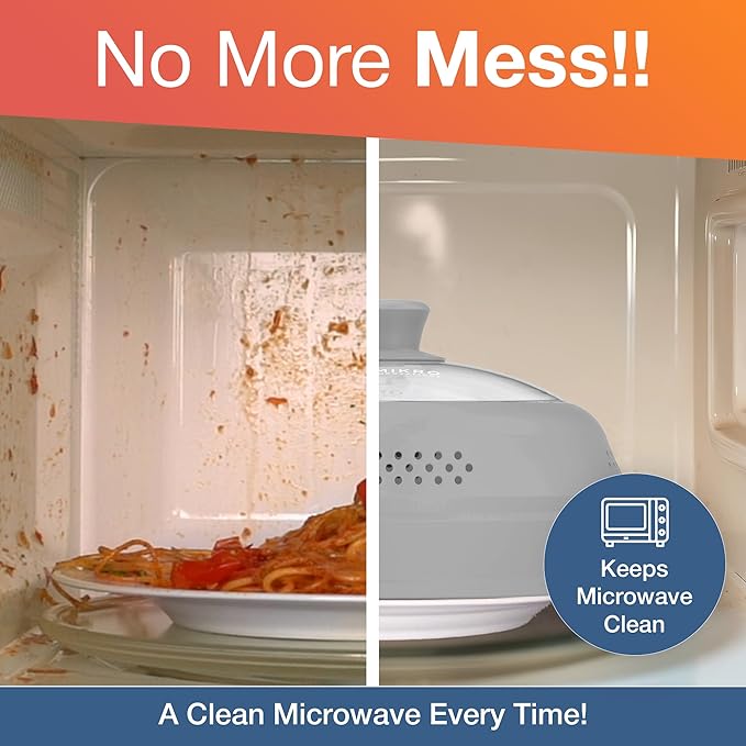 Mikro Innovations Glass & Silicone Microwave Splatter Cover – Tall and Collapsible Design that fits 6-10.5in Plates and Bowls - Space Saving, BPA Free & Dishwasher Safe (1, Gray, large)