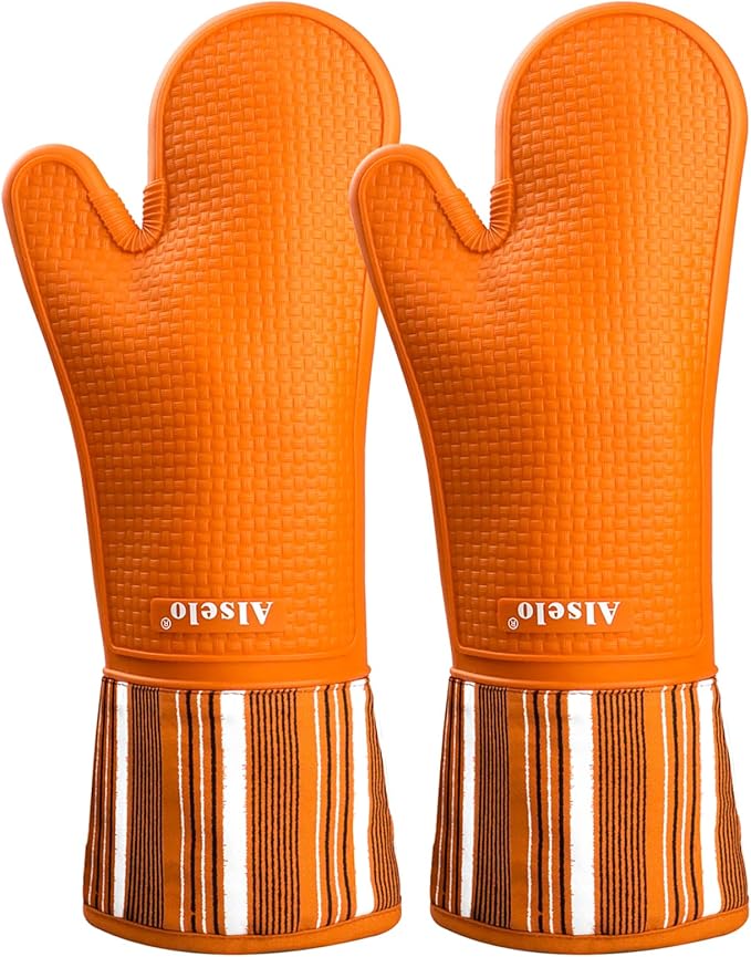 Alselo Oven Mitts Heat Resistant Silicone Kitchen Gloves for 550 Degrees with Waterproof and Non-Silp, Oven Gloves for Baking Cooking Barbecue Microwave Machine Washable (Extra Long Orange, 2)